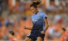 Sky Blue FC ahead Nadia Nadim (9) celebrates the woman goal resistant to the Houston Dash.