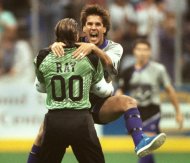 Tatu leapt into the arms of Sidekicks goalie Shawn Ray after scoring against the San Diego Sockers inside MISL Championship Series Game at Reunion Arena in August 2001 (William Snyder/File image)